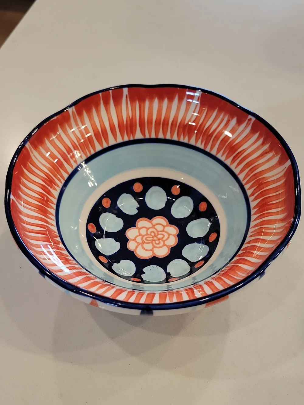 Anthropologie Bellina Red, Light Blue & Navy Handpainted Ceramic Bowl